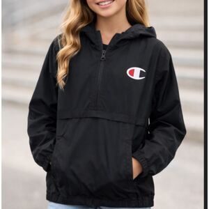 Champion Girls Large Black Windbreaker Jacket Half Zip Hooded Pullover Youth L